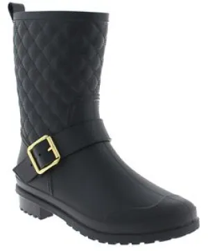 Ladies Matte Solid Black Quilted Mid-Calf Rain Boot