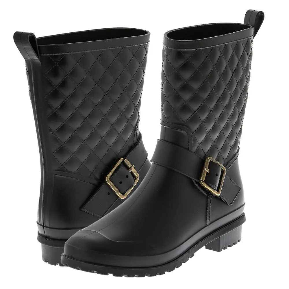 Ladies Matte Solid Black Quilted Mid-Calf Rain Boot