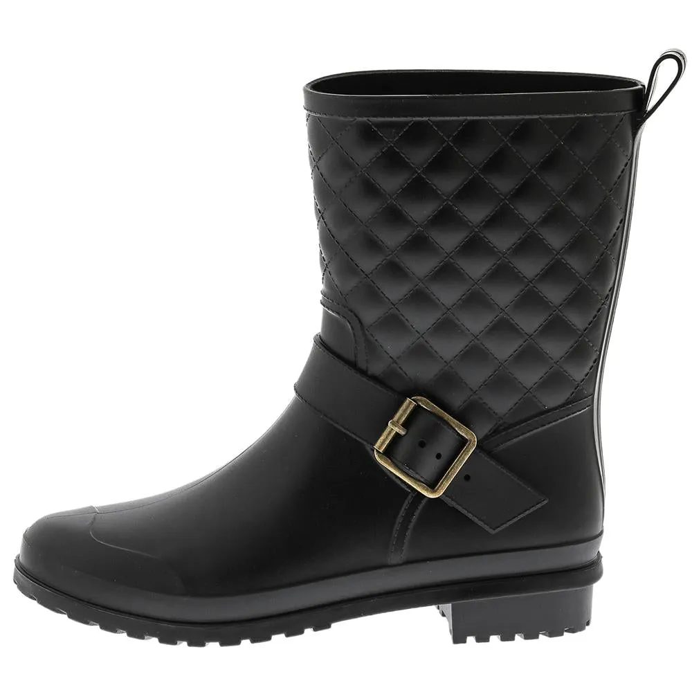Ladies Matte Solid Black Quilted Mid-Calf Rain Boot