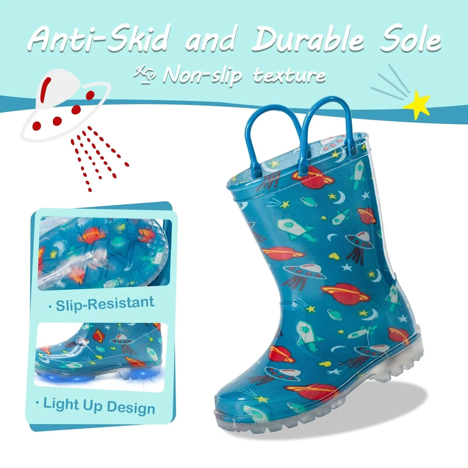 Light Up Kids Rain Boots, Waterproof, Size 5