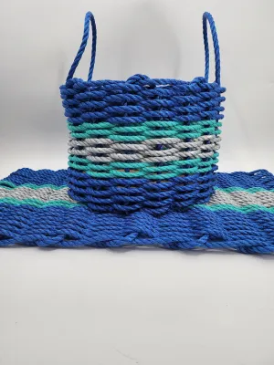 Lobster Rope Mat and Basket matching set Blue and Light Gray with Teal accents