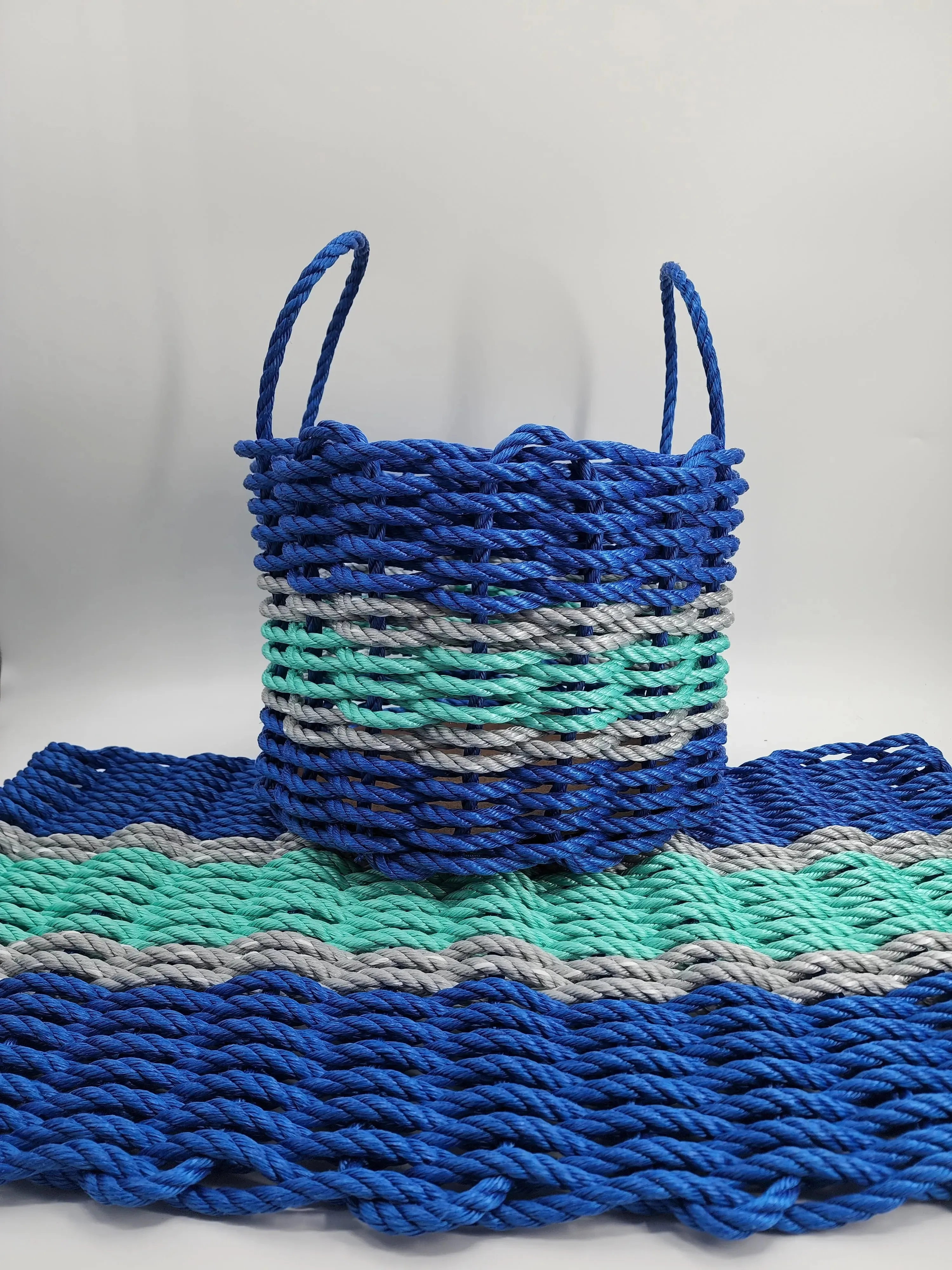 Lobster Rope Mat and Basket matching set Blue and Teal with light gray accents