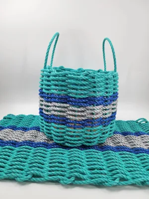 Lobster Rope Mat and Basket matching set Teal and Light Gray with Blue accents