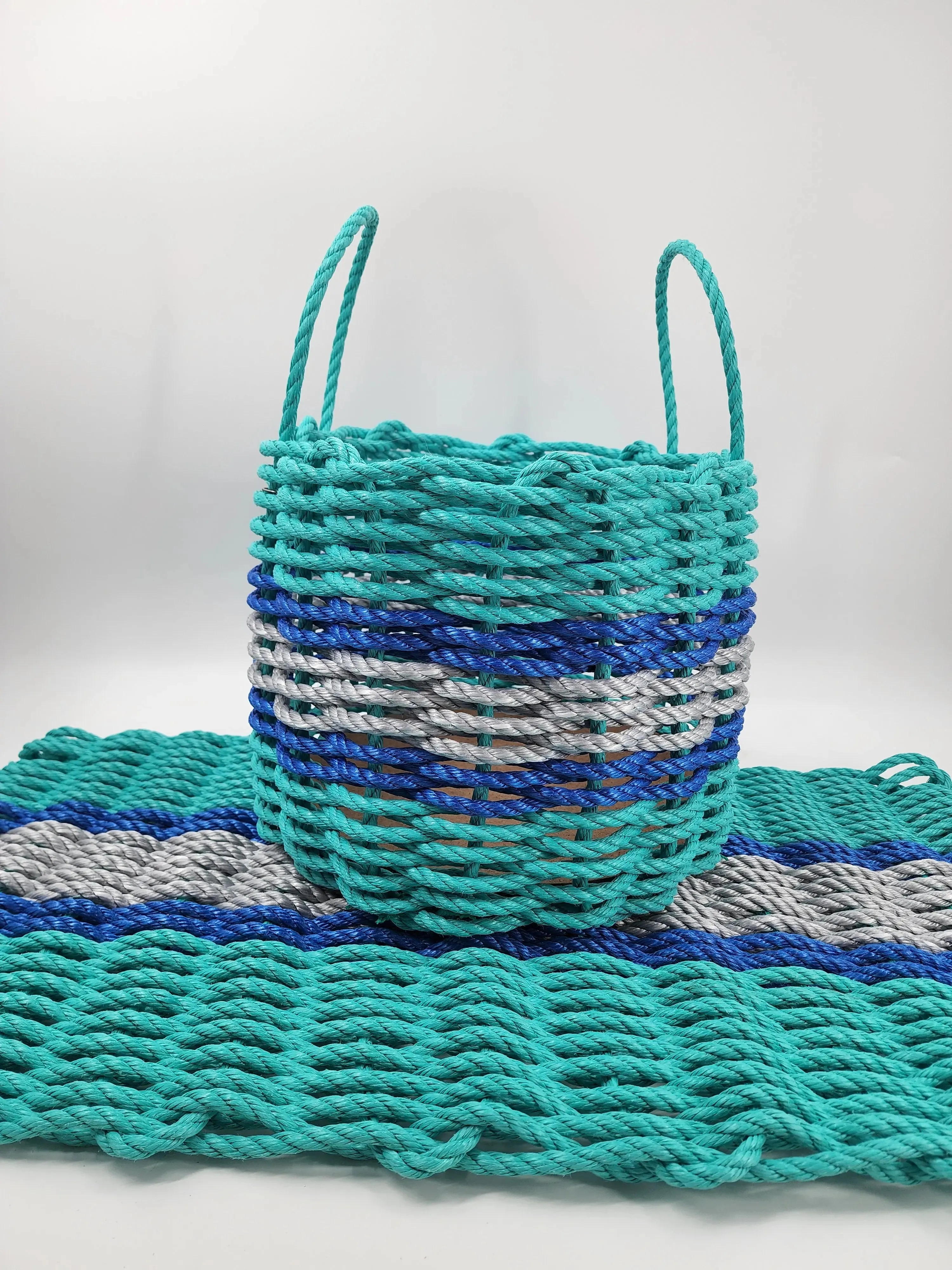 Lobster Rope Mat and Basket matching set Teal and Light Gray with Blue accents