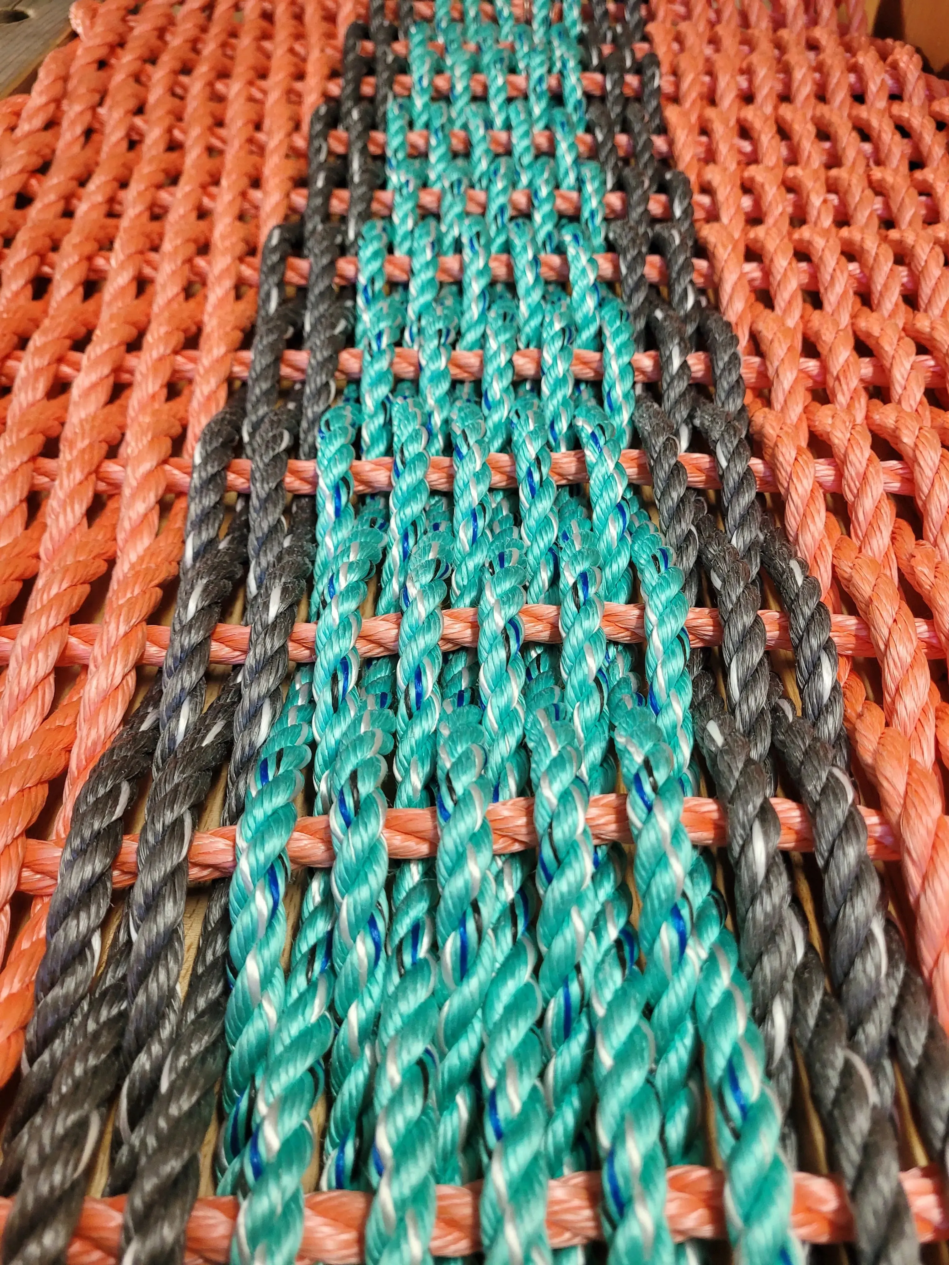 Lobster Rope Mat, Coral Orange and Teal with Gray accents