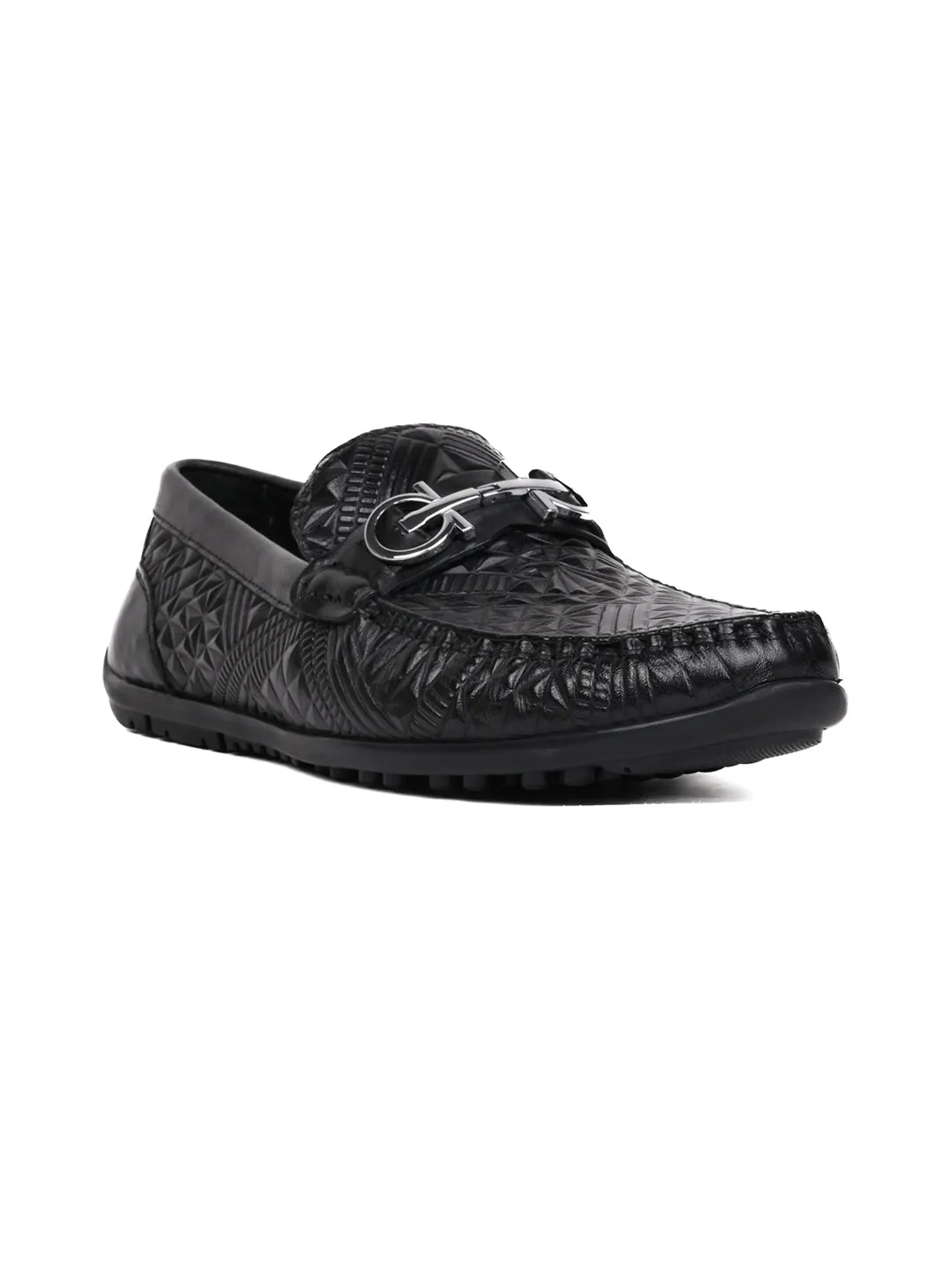 Men Black Patterned Driving Shoes