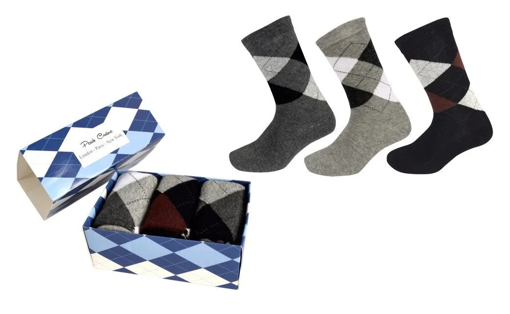 Mens Classic Fun Cotton Crew Argyle Pattern 3 Pack Socks per Box
