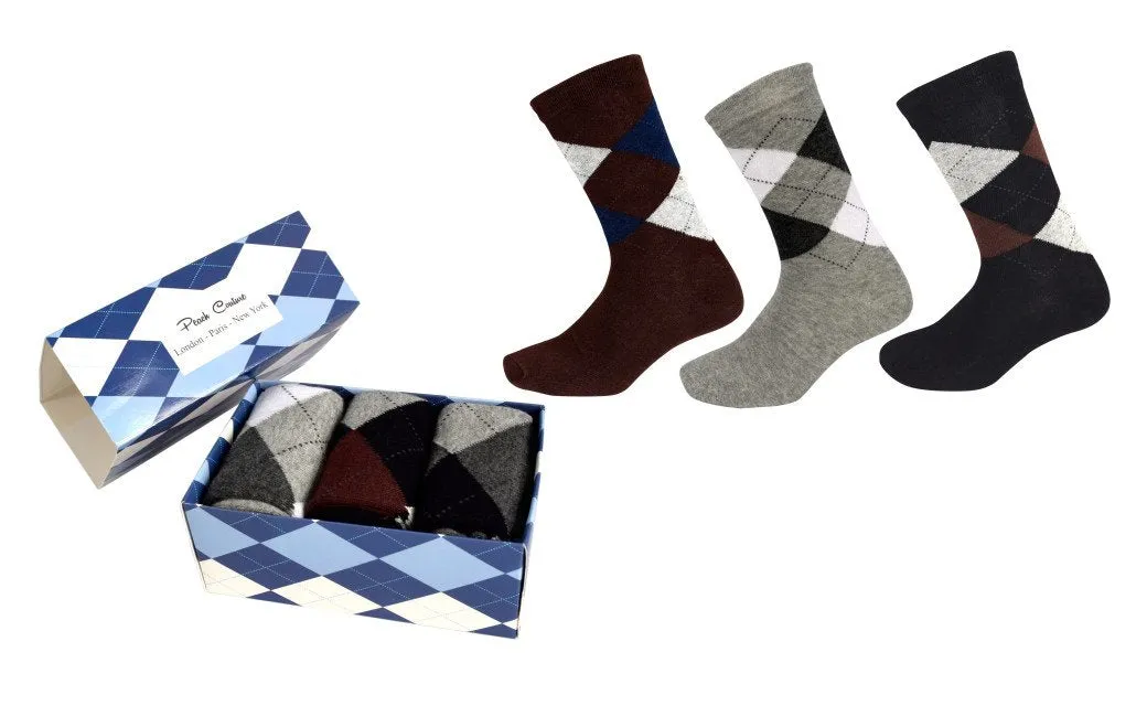 Mens Classic Fun Cotton Crew Argyle Pattern 3 Pack Socks per Box