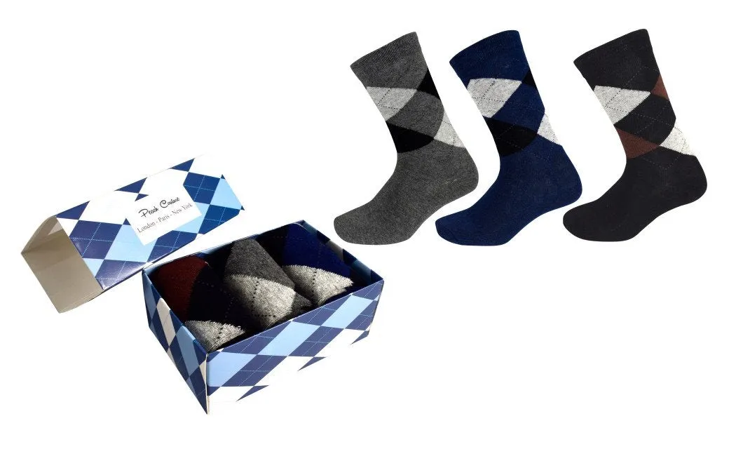 Mens Classic Fun Cotton Crew Argyle Pattern 3 Pack Socks per Box