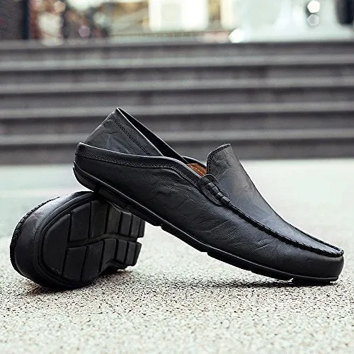 MOHEM Men's Premium Genuine Leather Fashion Slipper Casual Slip On Loafers Shoes(MH20138Black45)