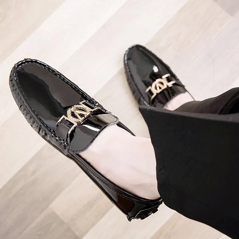 New Retro Patent Leather Large Size Bean Shoes Men's Shoes Spring and Autumn Genuine Leather Casual Leather Shoes Trendy Soft Sole Driving Shoes