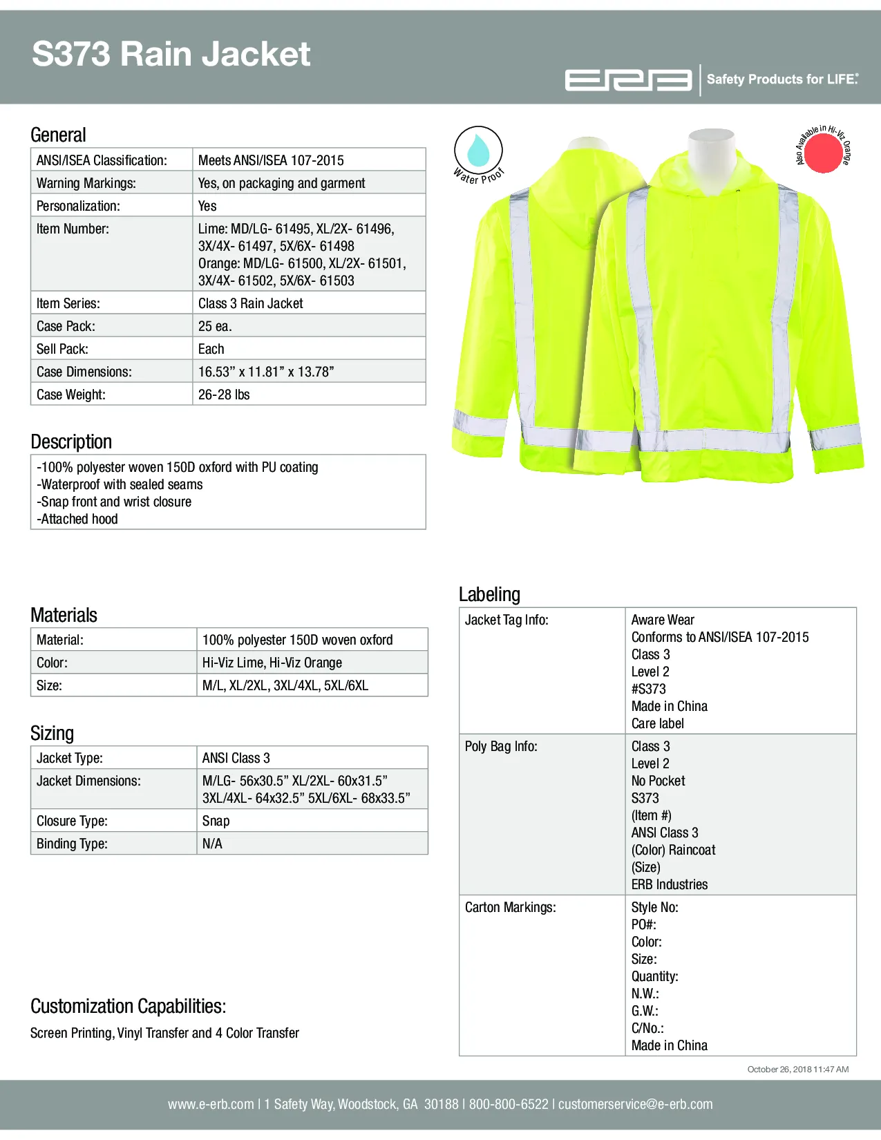S373 Class 3 Rain Jacket with Hood 1PC