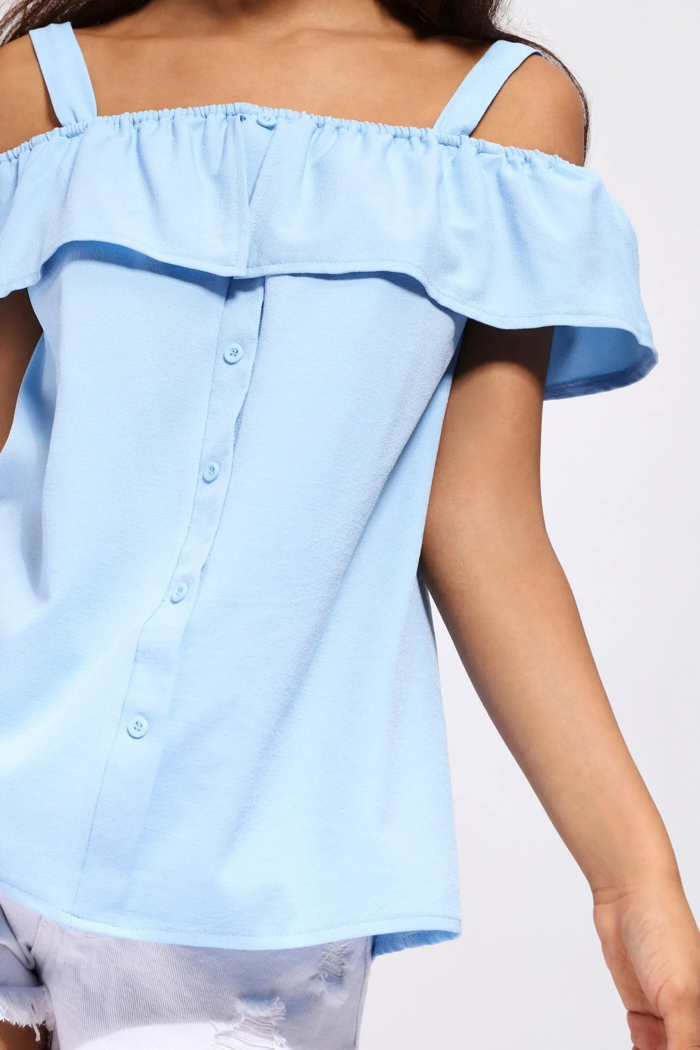 Skyblue Off The Shoulder Front Button Top
