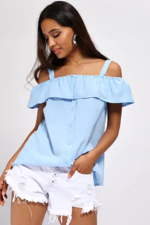 Skyblue Off The Shoulder Front Button Top
