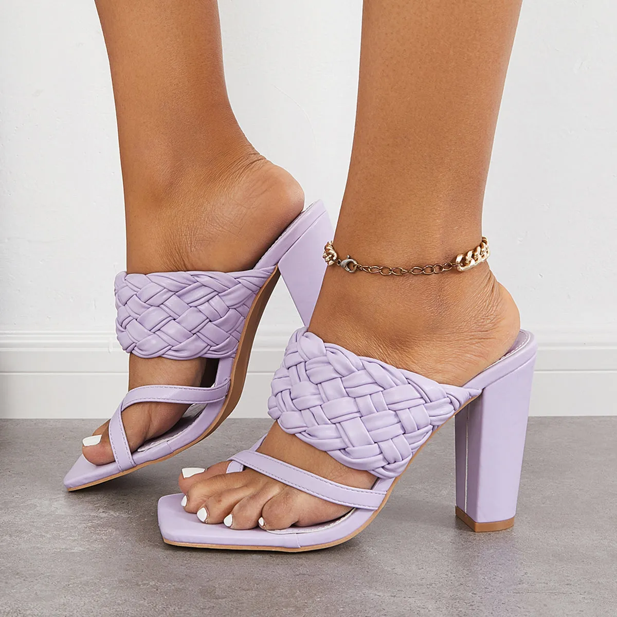 Sohiwoo Women Braided Strap Chunky High Heel Mules Slip on Backless Sandals