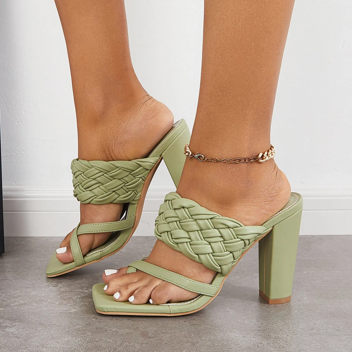 Sohiwoo Women Braided Strap Chunky High Heel Mules Slip on Backless Sandals