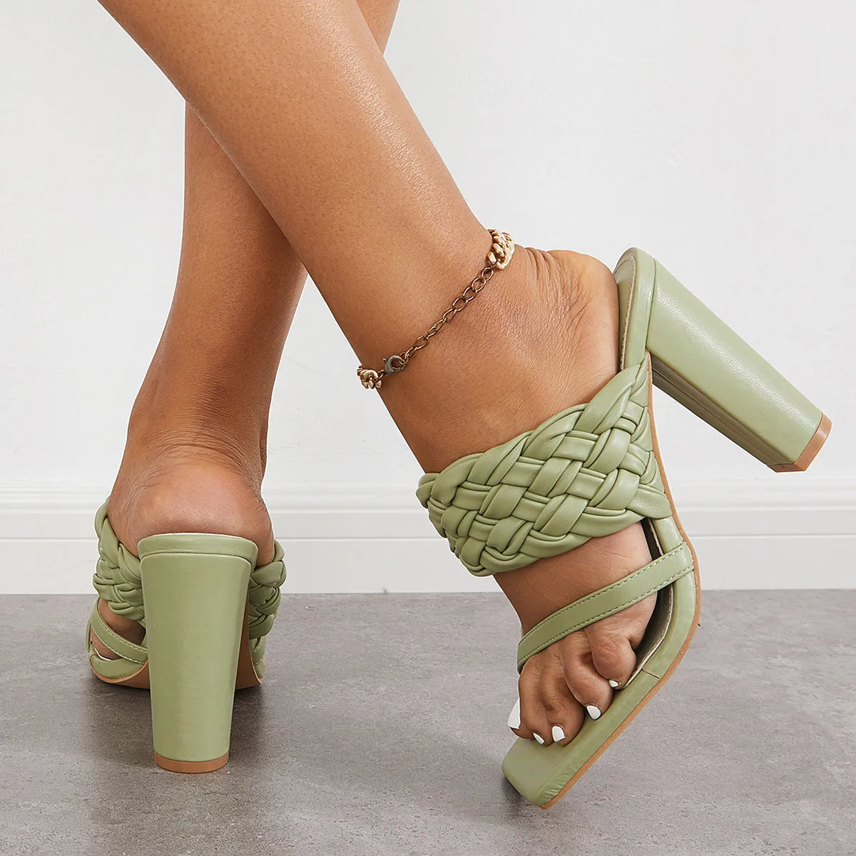 Sohiwoo Women Braided Strap Chunky High Heel Mules Slip on Backless Sandals