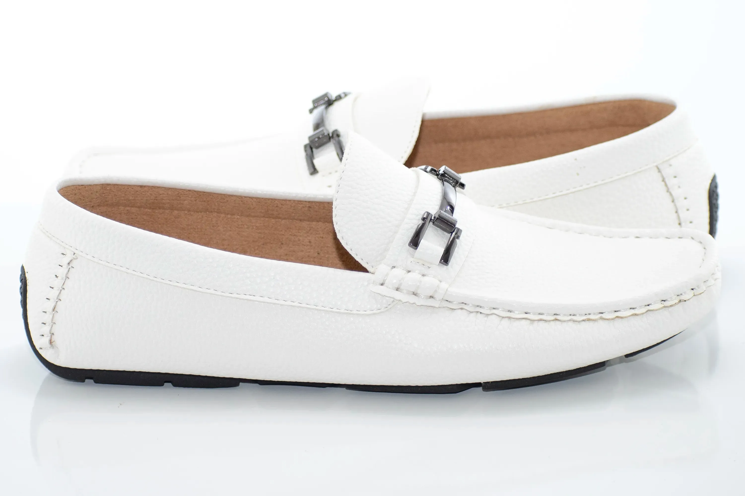 White Pebbled Leather Driving Loafer With Metal Bit