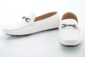 White Pebbled Leather Driving Loafer With Metal Bit