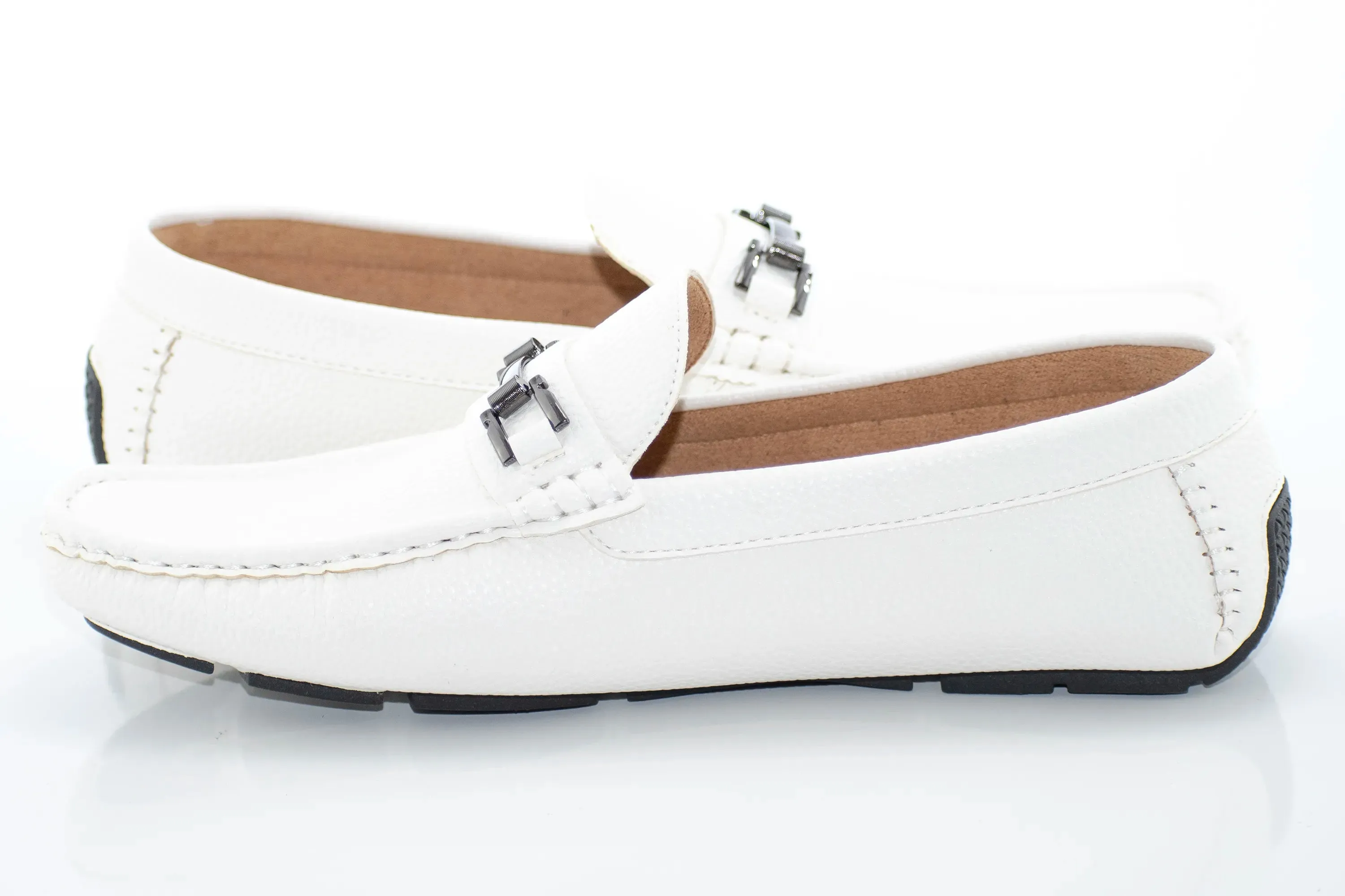 White Pebbled Leather Driving Loafer With Metal Bit
