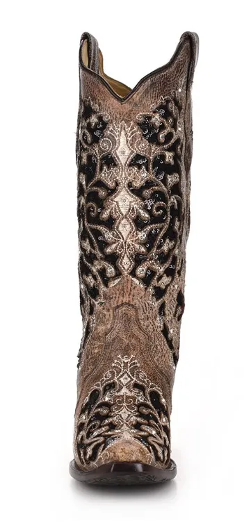 Women's Corral A3569 13" Brown Boots with Black Sequin Inlay Snip Toe (SHOP IN-STORES TOO)