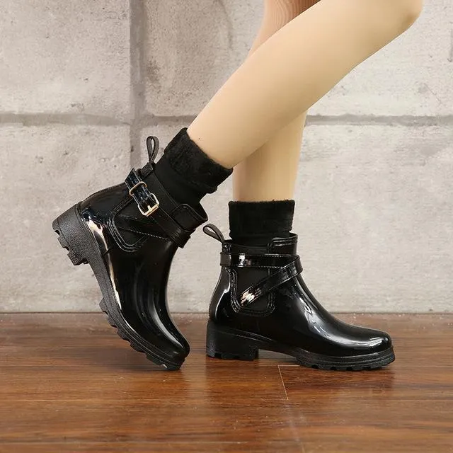 Women's fashion buckle strap short rain boots waterproof chealsea booties